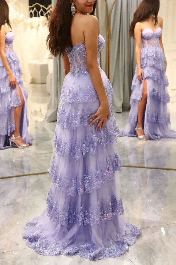 Elegant Lilac A-Line Sweetheart Neck Sleeveless Back Zip Lace Appliques Tiered Tulle High Side Slit Floor-Length Prom Dress