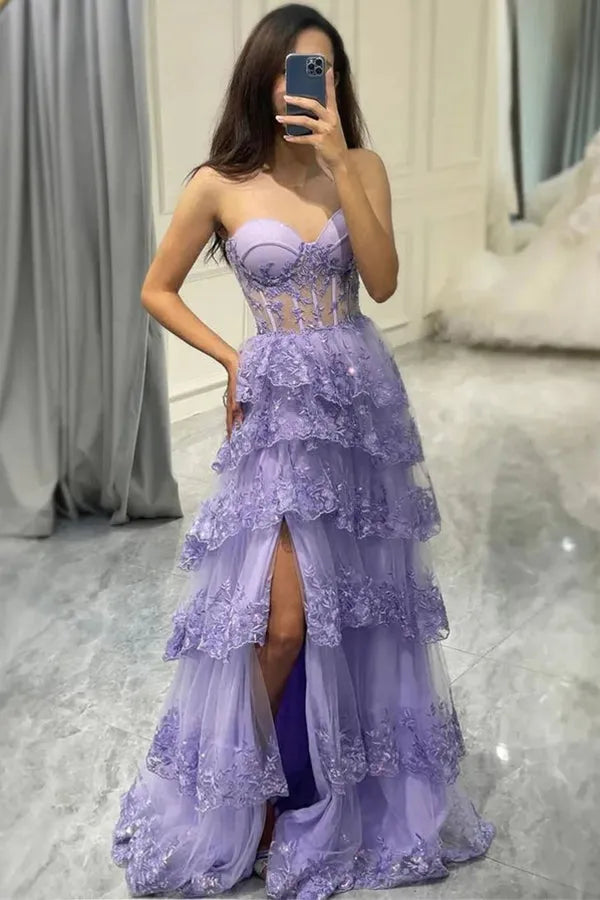 Elegant Lilac A-Line Sweetheart Neck Sleeveless Back Zip Lace Appliques Tiered Tulle High Side Slit Floor-Length Prom Dress