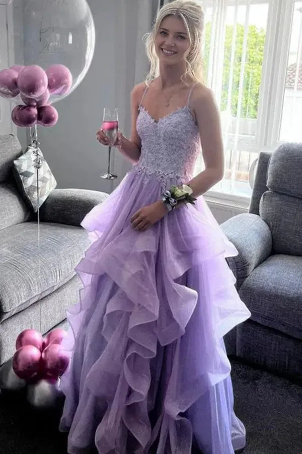 Elegant Lilac A-Line V-Neck Spaghetti Straps Ruffles Lace Tulle Crisscross Back Floor-Length Prom Dresses