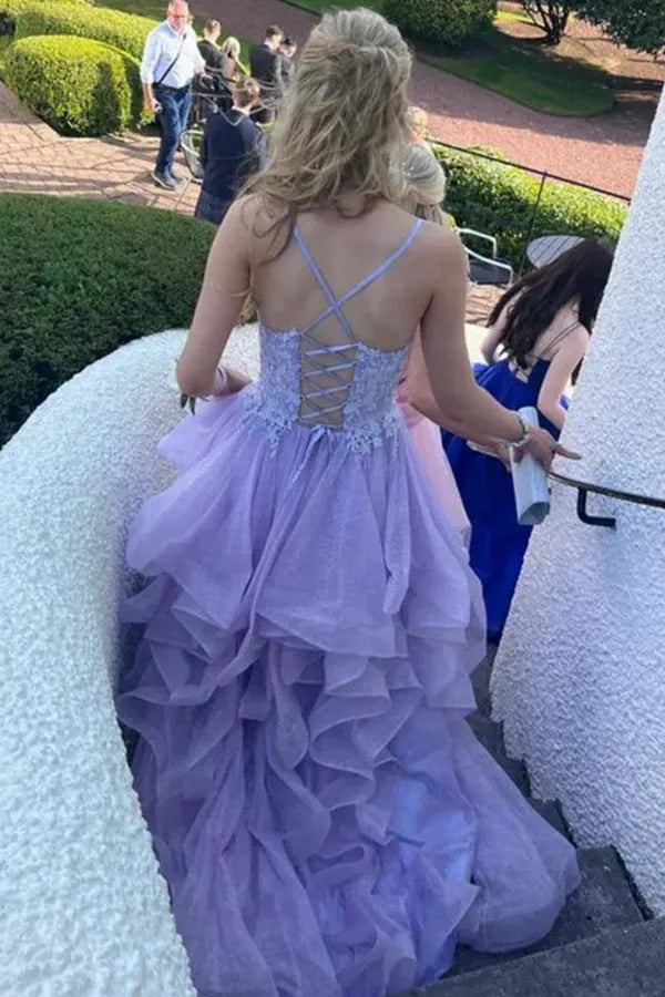Elegant Lilac A-Line V-Neck Spaghetti Straps Ruffles Lace Tulle Crisscross Back Floor-Length Prom Dresses