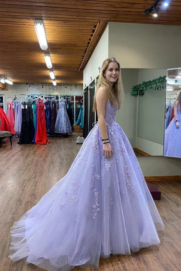 Elegant Lilac A-line Round Neck Sleeveless Lace Up Lace-Embellished Tulle Floor-Length Prom Dresses