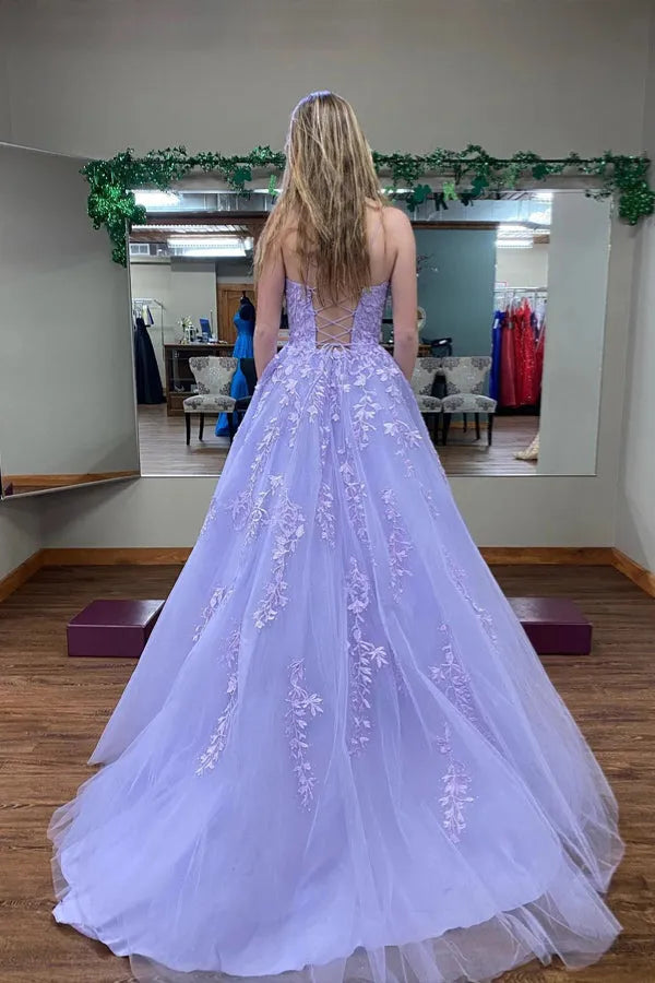 Elegant Lilac A-line Round Neck Sleeveless Lace Up Lace-Embellished Tulle Floor-Length Prom Dresses