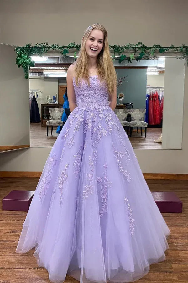Elegant Lilac A-line Round Neck Sleeveless Lace Up Lace-Embellished Tulle Floor-Length Prom Dresses