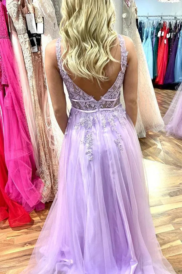 Elegant Lilac A-line V- Neck Spaghetti Straps Back Zip Beaded Appliques Floral Lace Tulle  Floor-Length Prom Dress