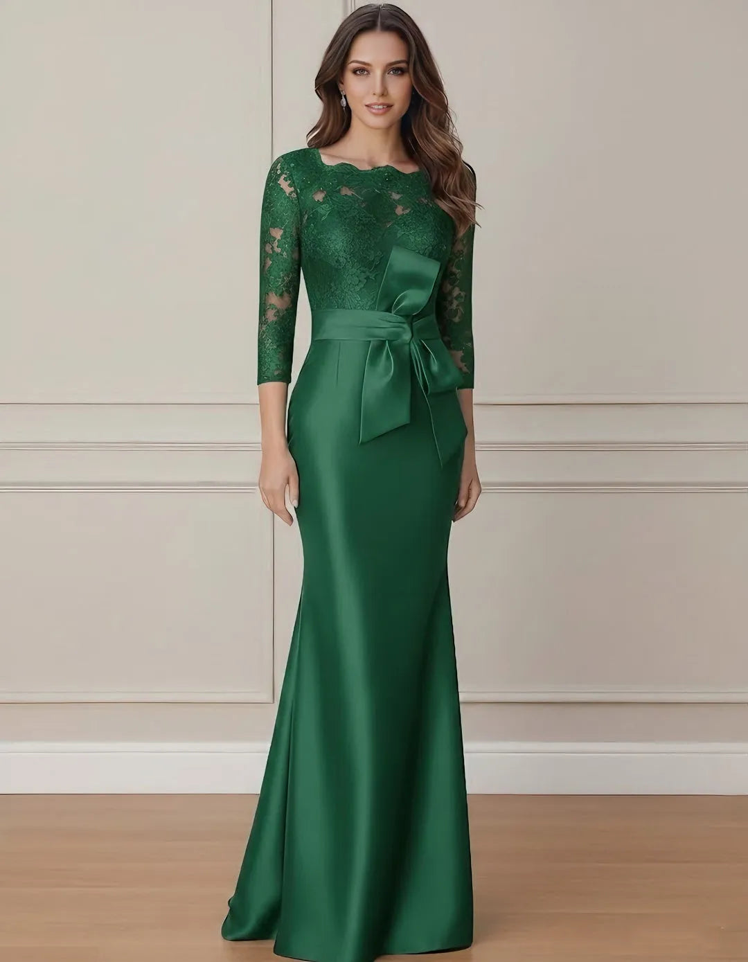 Elegant Mermaid Boat-Neck 3/4-Sleeve V-Back Floor-Length Mother of the Bride Dresses