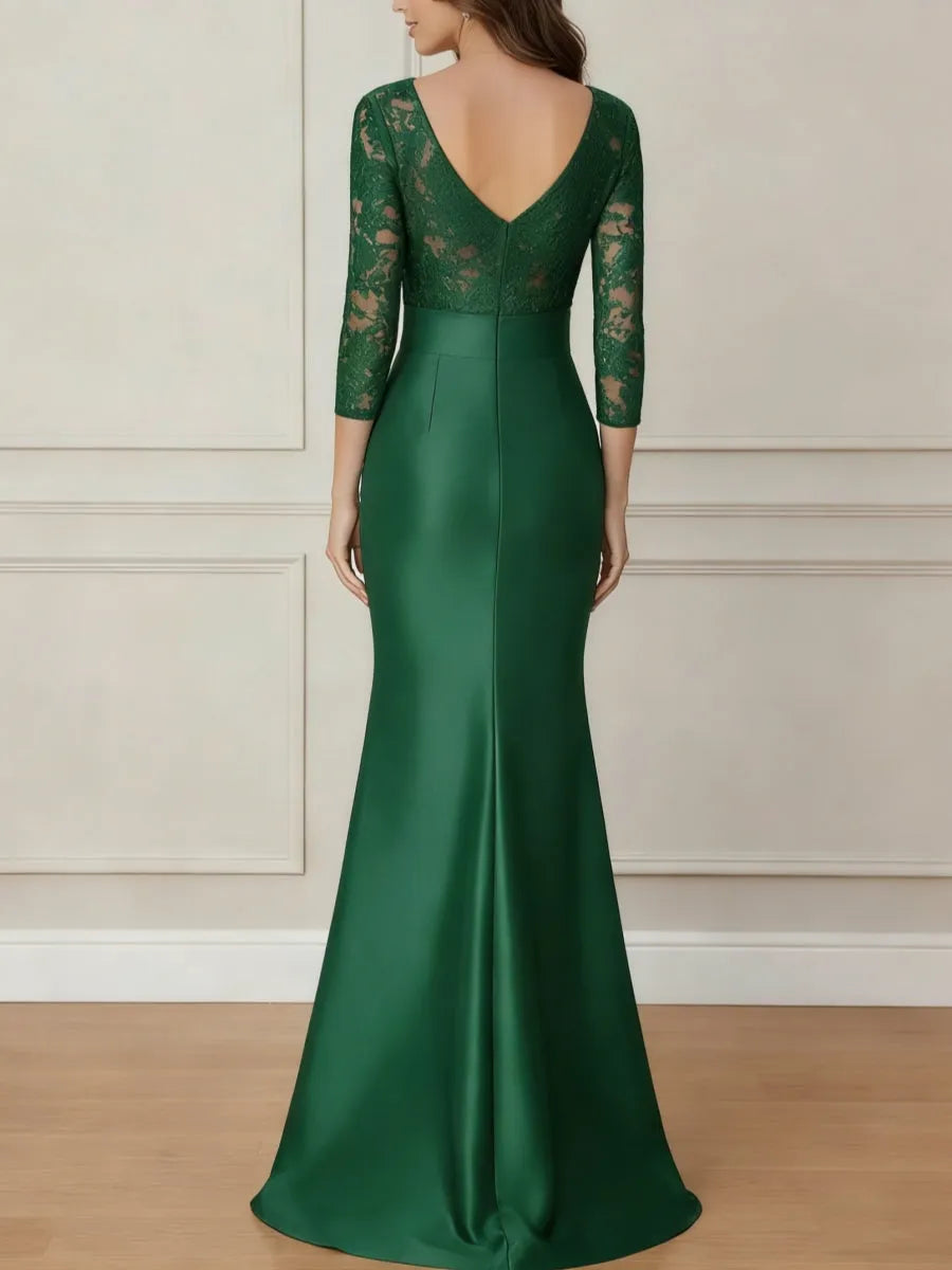 Elegant Mermaid Boat-Neck 3/4-Sleeve V-Back Floor-Length Mother of the Bride Dresses