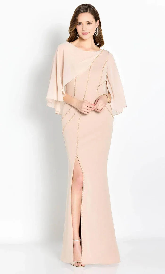 Elegant Mermaid Boat Neck Cape Sleeve Beaded Open Back Zip-Back Floor-Length Mother of the Bride Dress