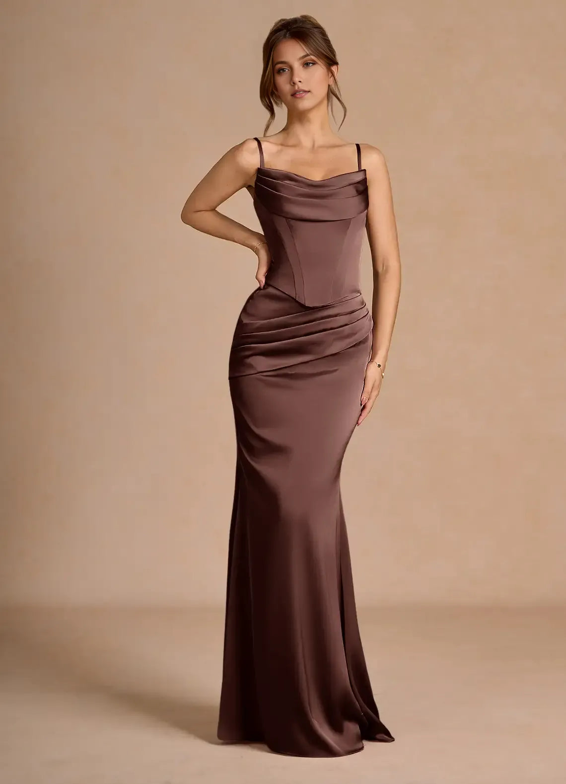Elegant Mermaid Cowl Neck Sleeveless Lace-Up-Back Draped Floor-Length Prom Dresses Hot Sale