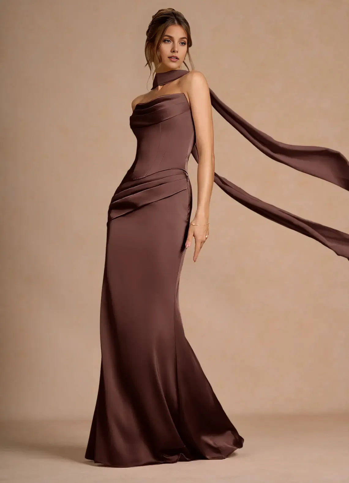 Elegant Mermaid Cowl Neck Sleeveless Lace-Up-Back Draped Floor-Length Prom Dresses Hot Sale