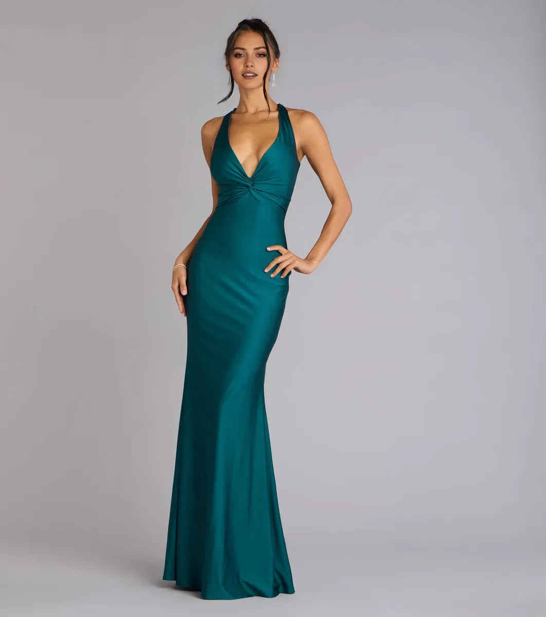 Elegant Mermaid Deep Halter Neckline Sleeveless Crisscross Back Satin Floor-Length Prom Dresses with Bow Tie