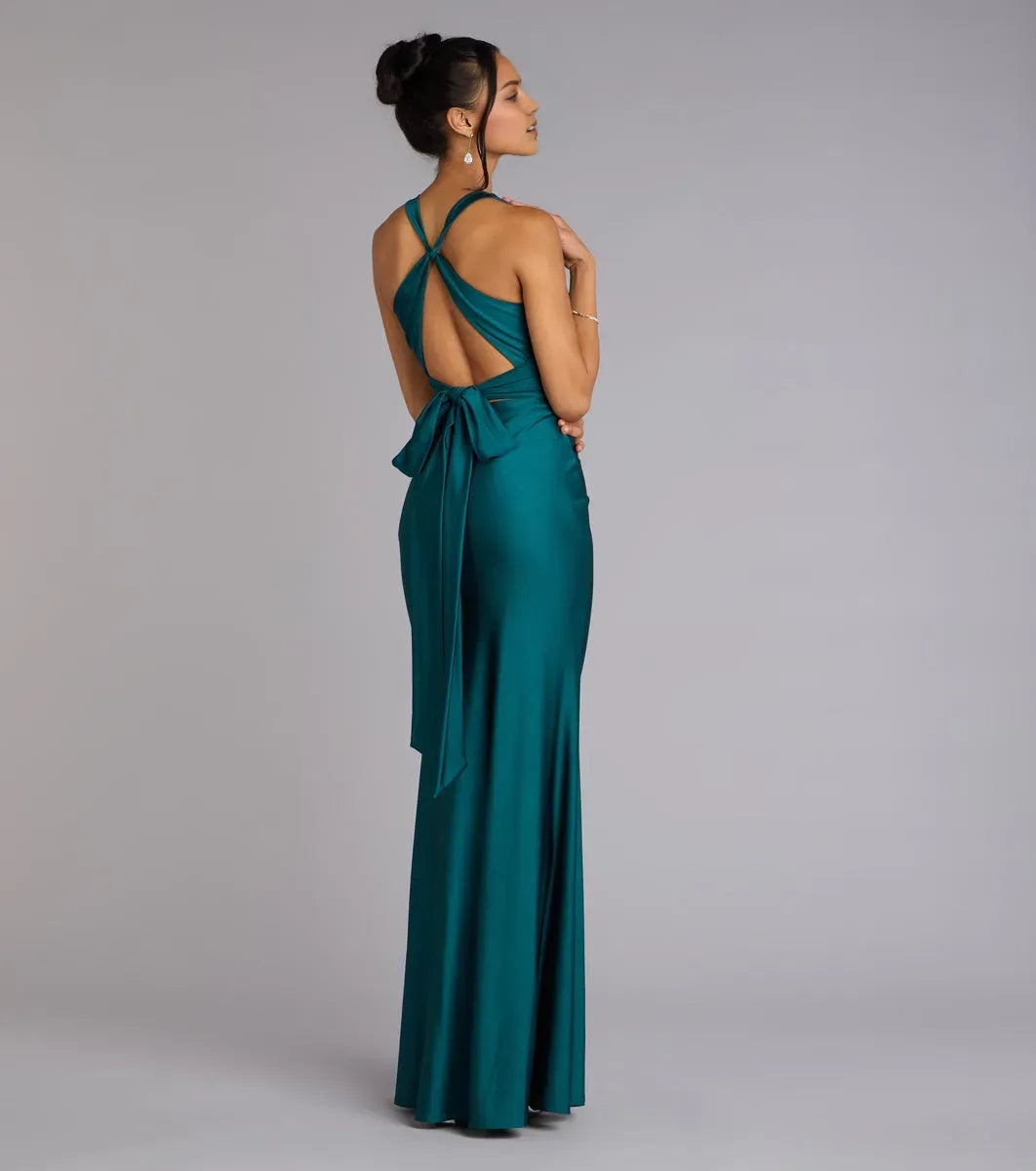 Elegant Mermaid Deep Halter Neckline Sleeveless Crisscross Back Satin Floor-Length Prom Dresses with Bow Tie