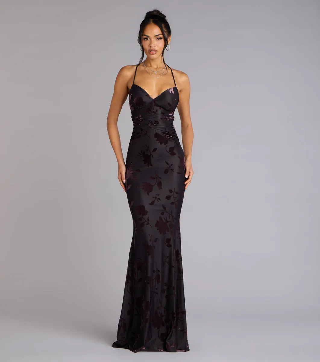 Elegant Mermaid Deep V-Neck Halter Spaghetti Straps Cross-Back Lace-Up Floral-Patterned Floor-Length Prom Dresses