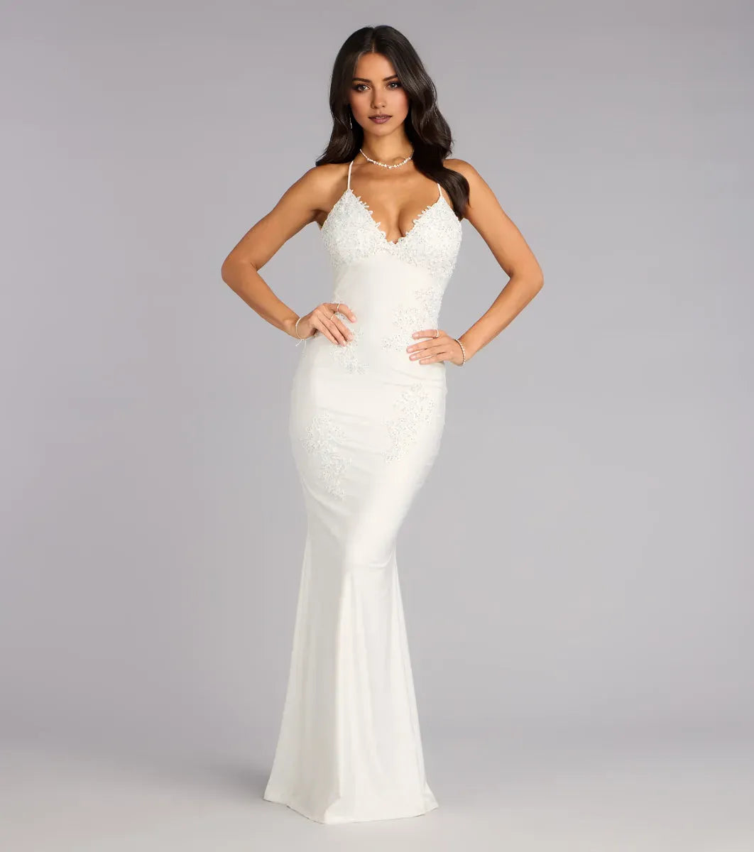 Elegant Mermaid Deep V-Neck Sleeveless Lace Open Back Floor-Length Prom Dresses for women Hot Sale