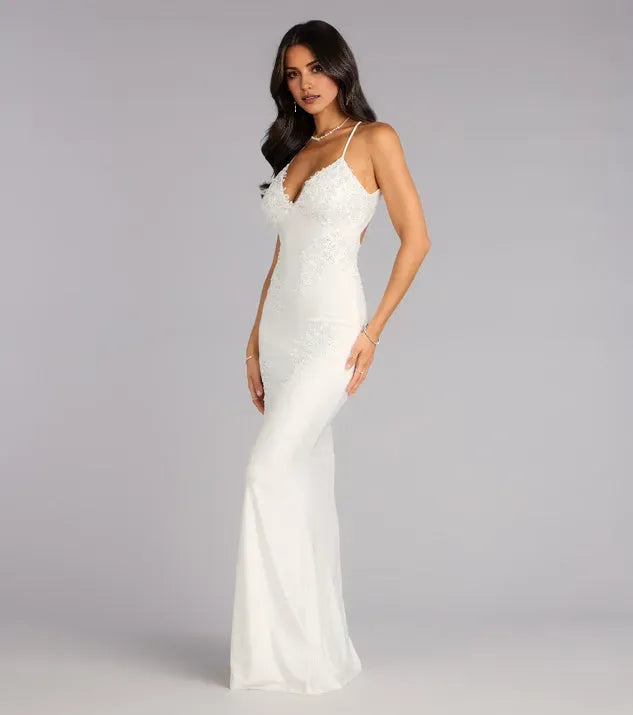 Elegant Mermaid Deep V-Neck Sleeveless Lace Open Back Floor-Length Prom Dresses for women Hot Sale