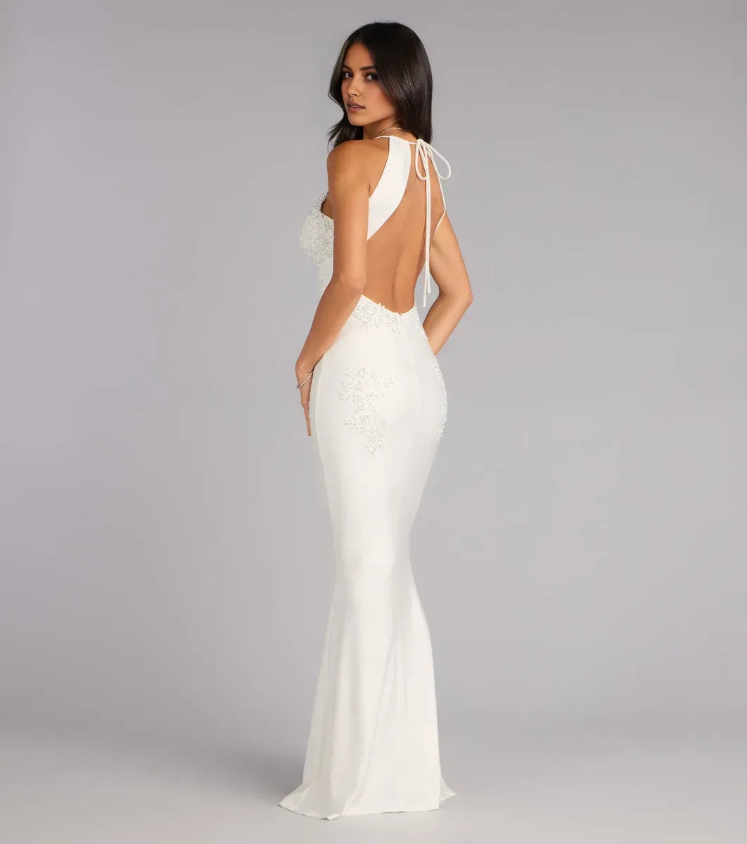 Elegant Mermaid Deep V-Neck Sleeveless Lace Open Back Floor-Length Prom Dresses for women Hot Sale