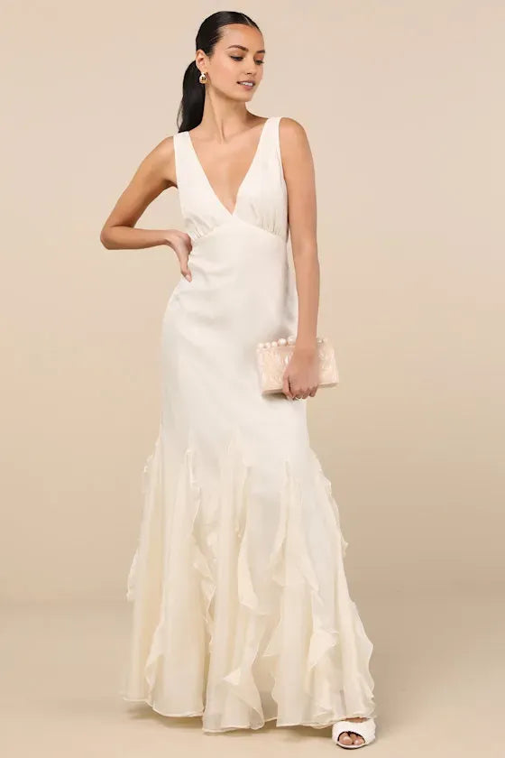 Elegant Mermaid Deep V -Neck Sleeveless V Back Floor-Length Ruffled Prom Dress hot sale for women