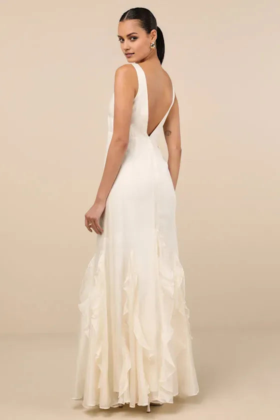Elegant Mermaid Deep V -Neck Sleeveless V Back Floor-Length Ruffled Prom Dress hot sale for women
