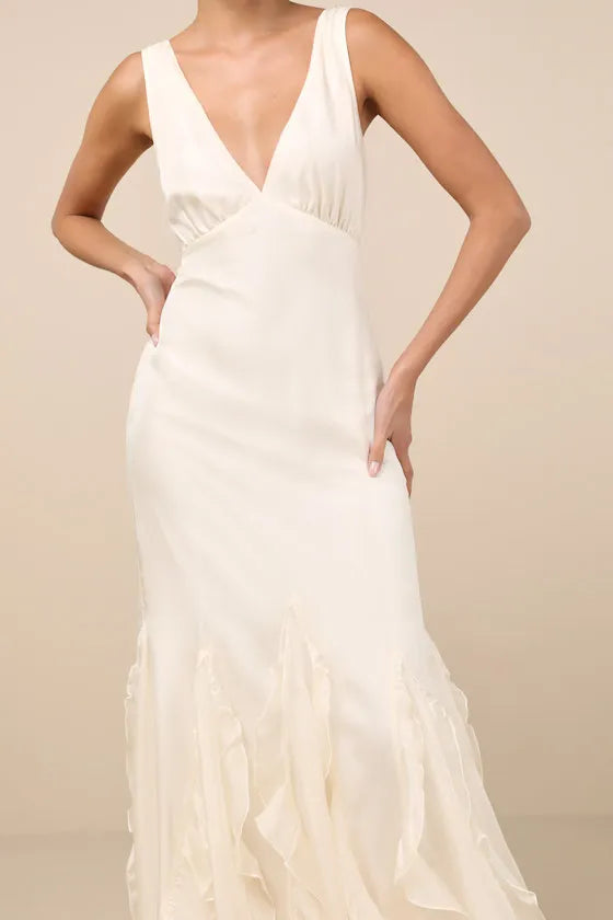 Elegant Mermaid Deep V -Neck Sleeveless V Back Floor-Length Ruffled Prom Dress hot sale for women
