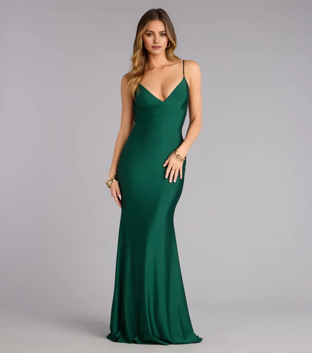 Elegant Mermaid Deep V-Neckline Sleeveless Open-Back Floor-Length Prom Dresses Hot Sale