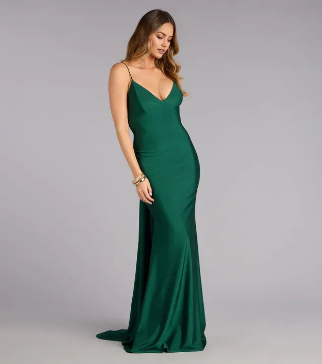 Elegant Mermaid Deep V-Neckline Sleeveless Open-Back Floor-Length Prom Dresses Hot Sale