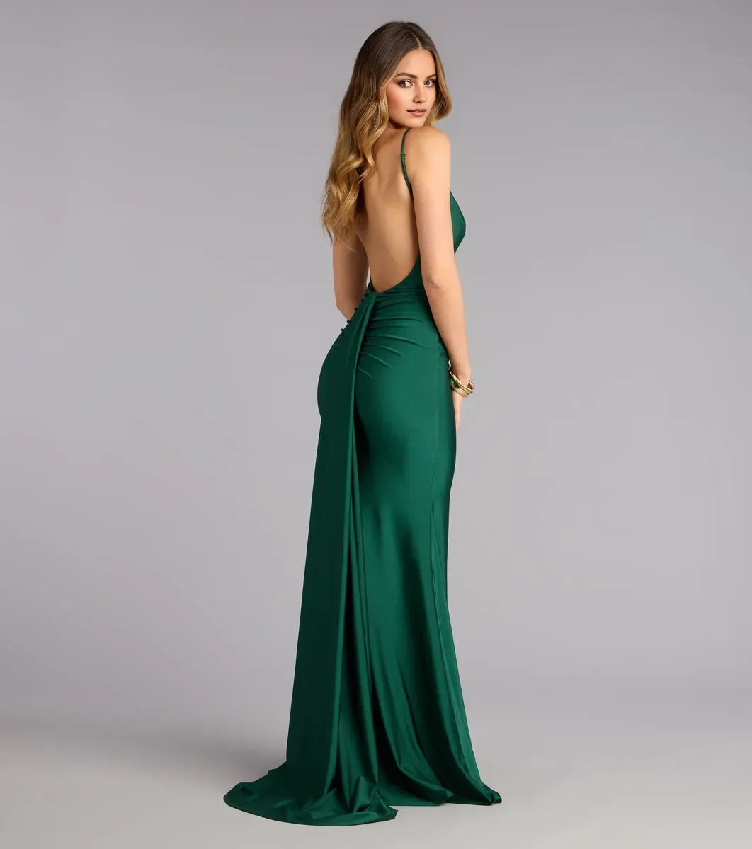 Elegant Mermaid Deep V-Neckline Sleeveless Open-Back Floor-Length Prom Dresses Hot Sale