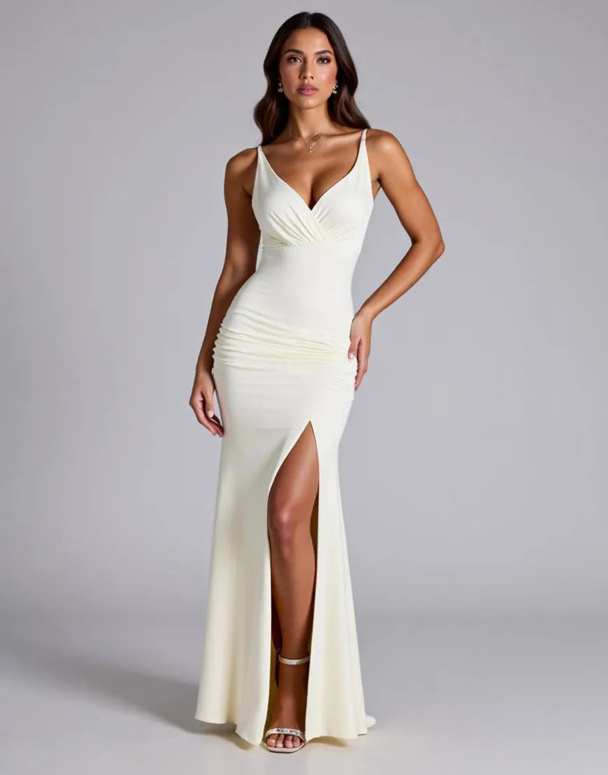 Elegant Mermaid Deep V Spaghetti Strap Open Back Floor Length Prom Dresses