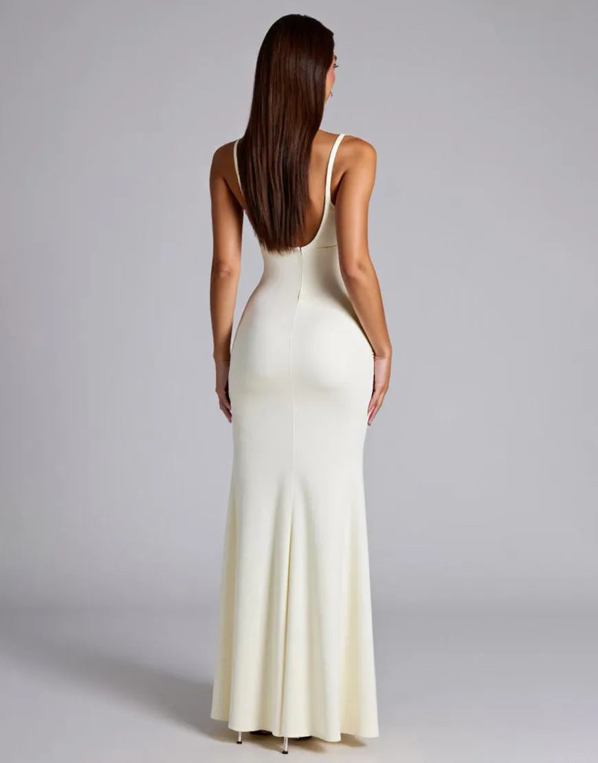 Elegant Mermaid Deep V Spaghetti Strap Open Back Floor Length Prom Dresses