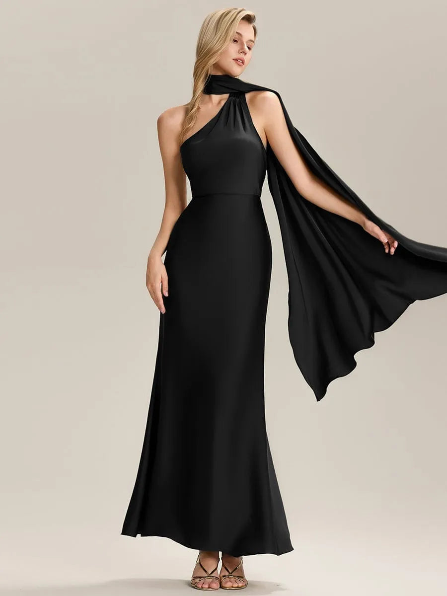 Elegant Mermaid Halter Neck Sleeveless Draped-Back Ankle-Length Prom Dresses female guests hot sale