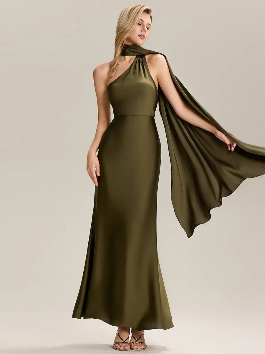 Elegant Mermaid Halter Neck Sleeveless Draped-Back Ankle-Length Prom Dresses female guests hot sale
