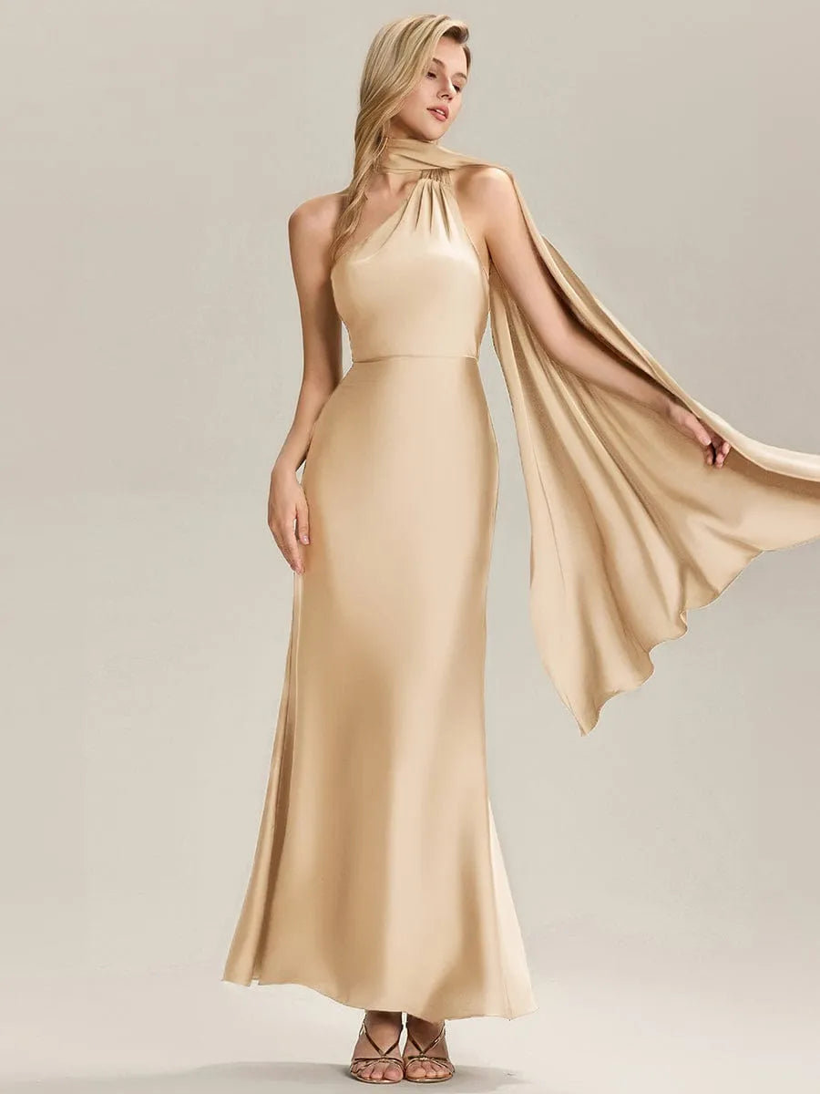 Elegant Mermaid Halter Neck Sleeveless Draped-Back Ankle-Length Prom Dresses female guests hot sale