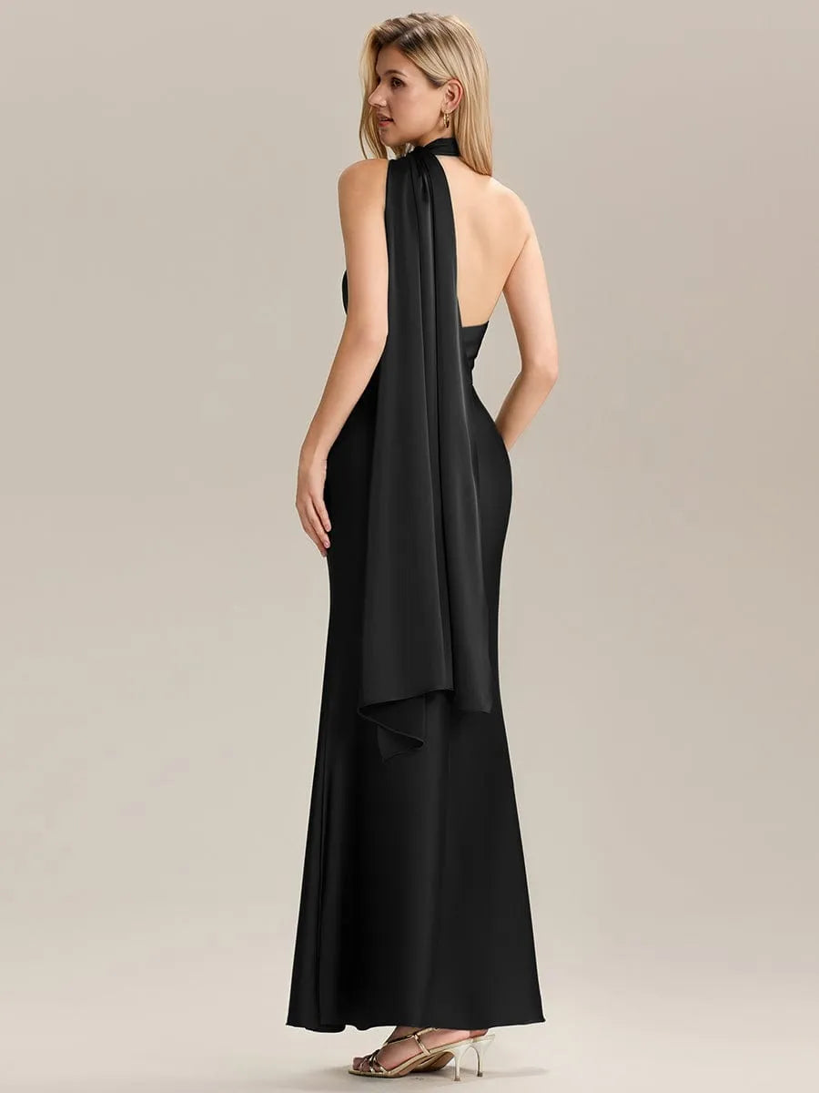 Elegant Mermaid Halter Neck Sleeveless Draped-Back Ankle-Length Prom Dresses female guests hot sale