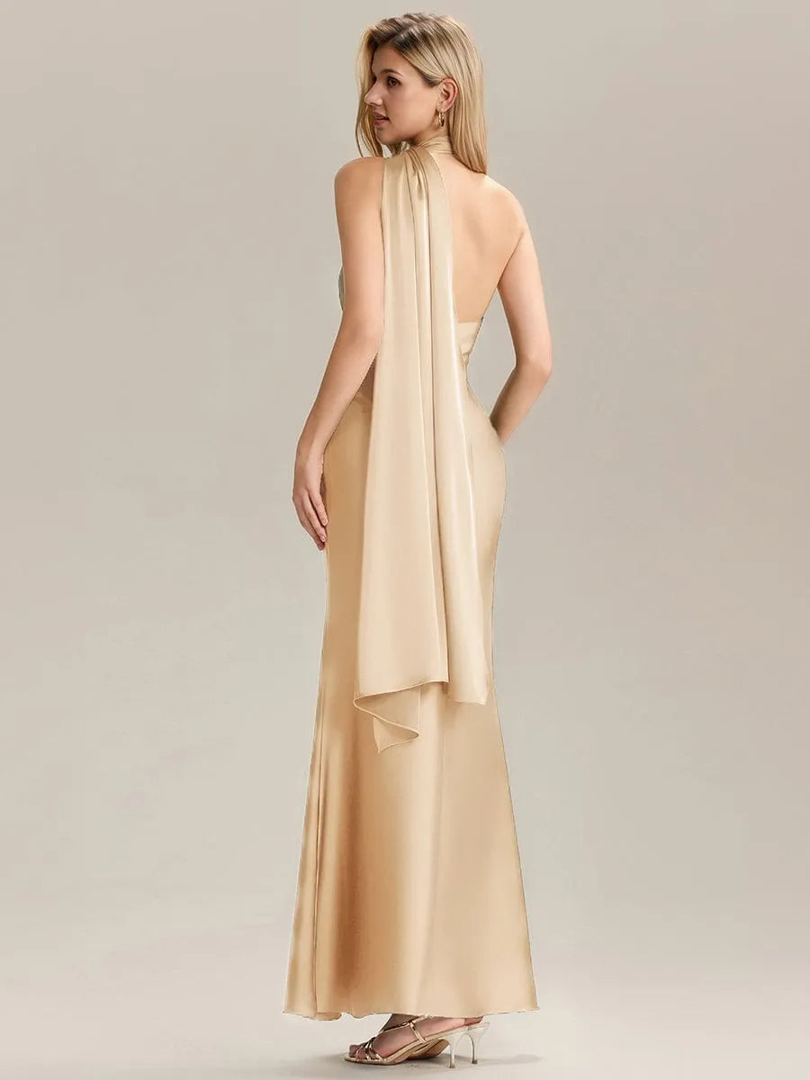 Elegant Mermaid Halter Neck Sleeveless Draped-Back Ankle-Length Prom Dresses female guests hot sale