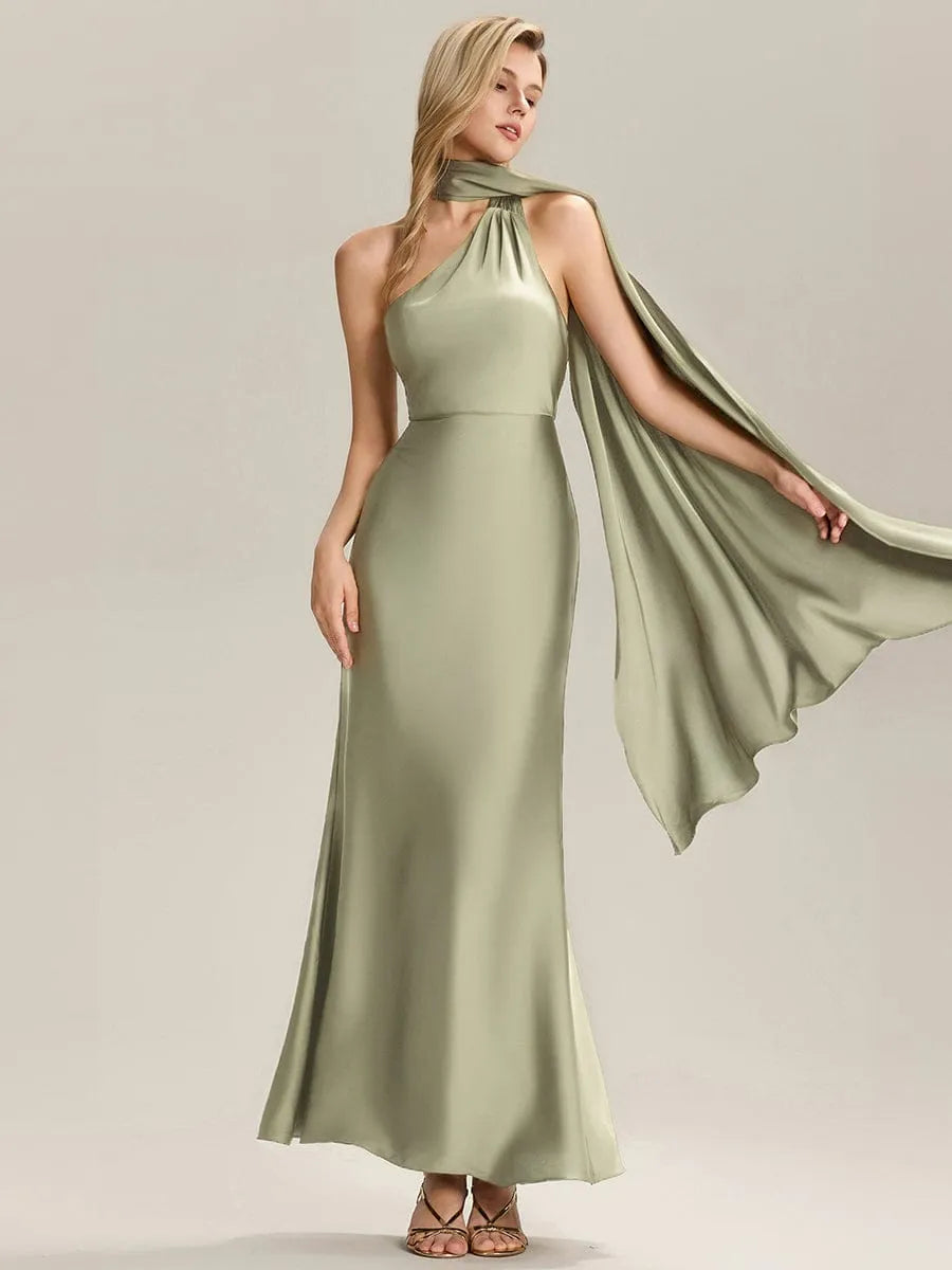 Elegant Mermaid Halter Neck Sleeveless Draped-Back Ankle-Length Prom Dresses female guests hot sale