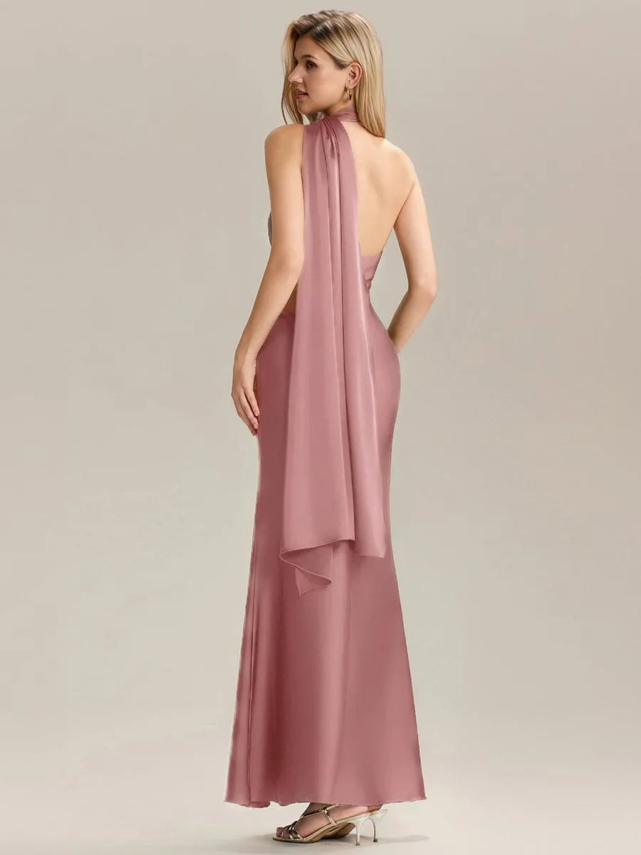 Elegant Mermaid Halter Neck Sleeveless Draped-Back Ankle-Length Prom Dresses female guests hot sale