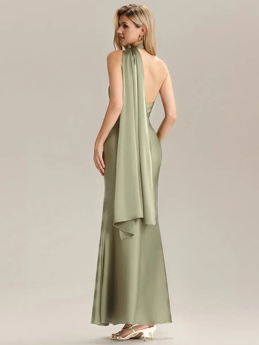 Elegant Mermaid Halter Neck Sleeveless Draped-Back Ankle-Length Prom Dresses female guests hot sale
