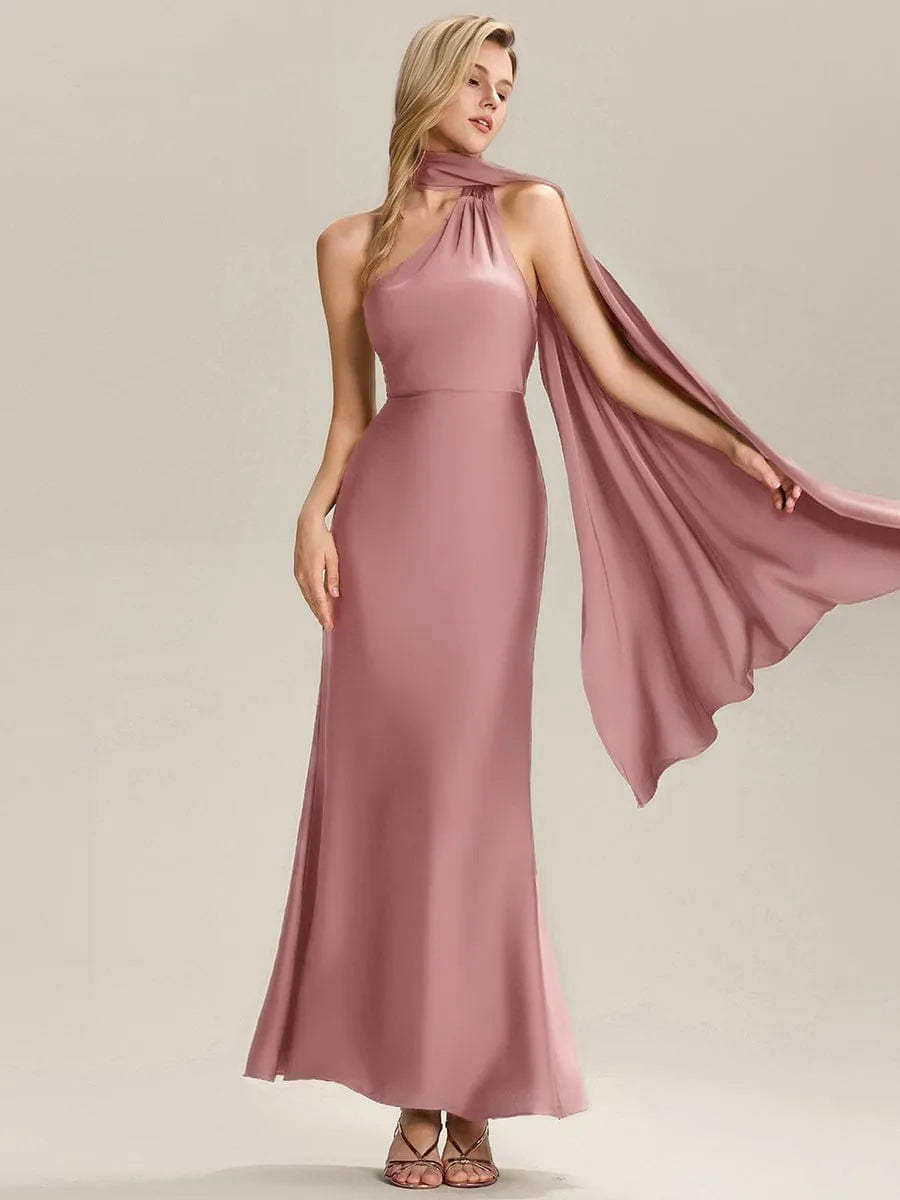 Elegant Mermaid Halter Neck Sleeveless Draped-Back Ankle-Length Prom Dresses female guests hot sale
