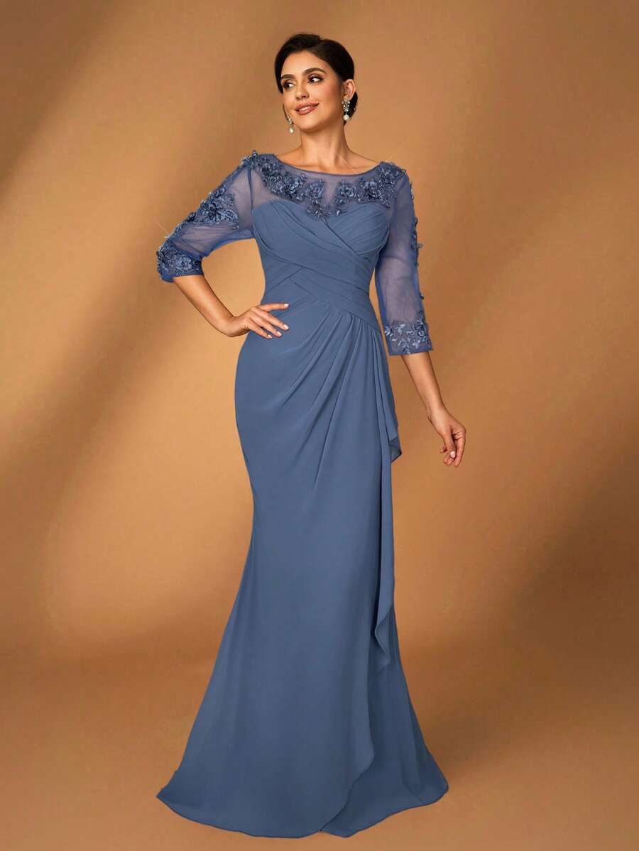 Elegant Mermaid Illusion-Neck 3/4-Sleeve Keyhole-Back Floor-Length Mother of the Bride Dresses