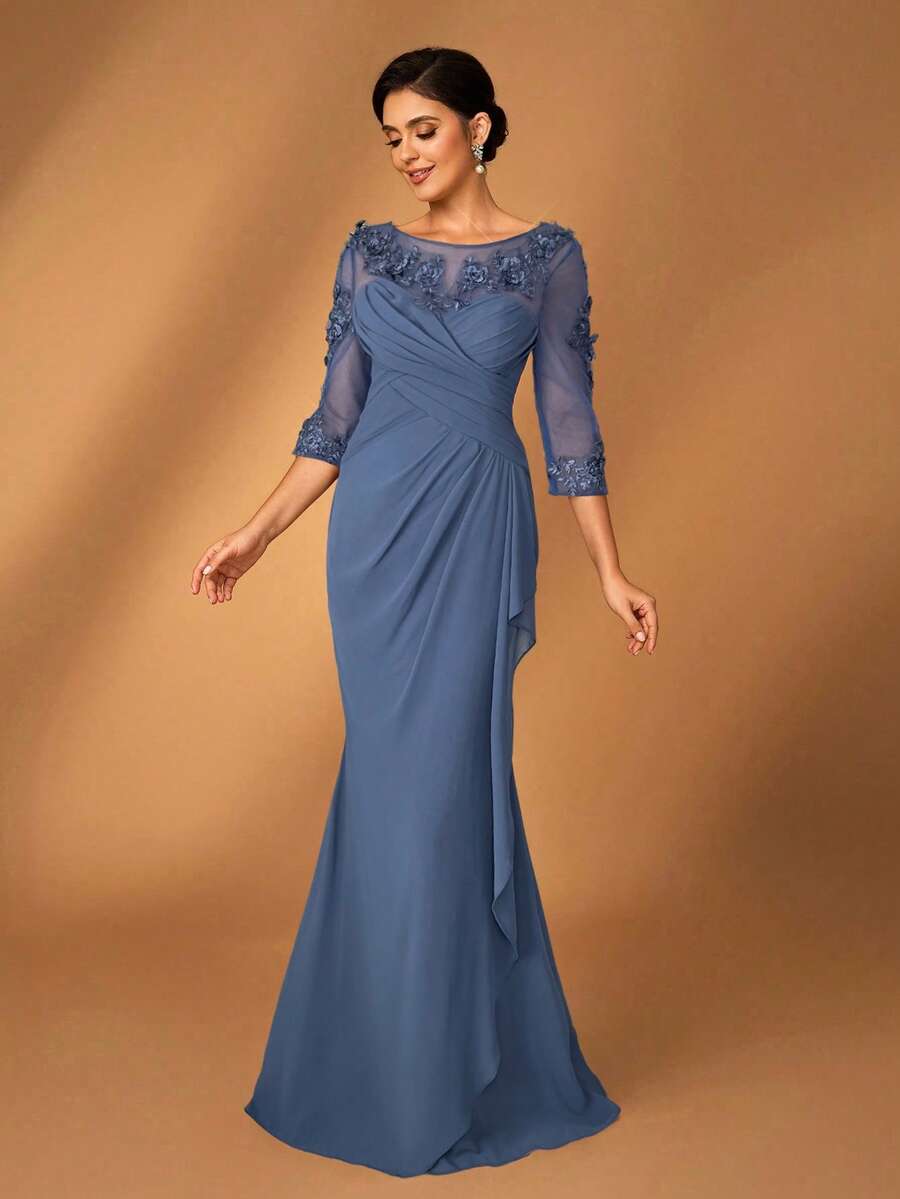 Elegant Mermaid Illusion-Neck 3/4-Sleeve Keyhole-Back Floor-Length Mother of the Bride Dresses