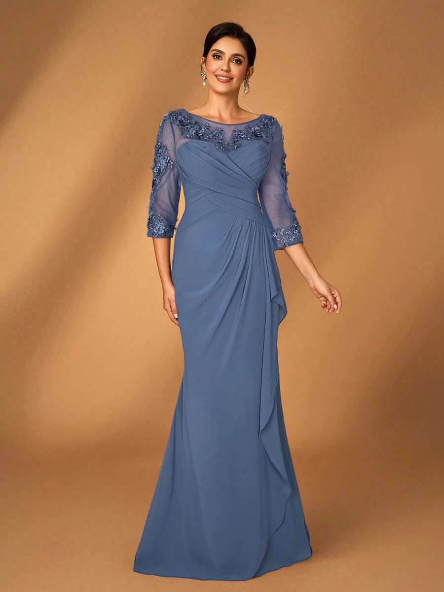 Elegant Mermaid Illusion-Neck 3/4-Sleeve Keyhole-Back Floor-Length Mother of the Bride Dresses