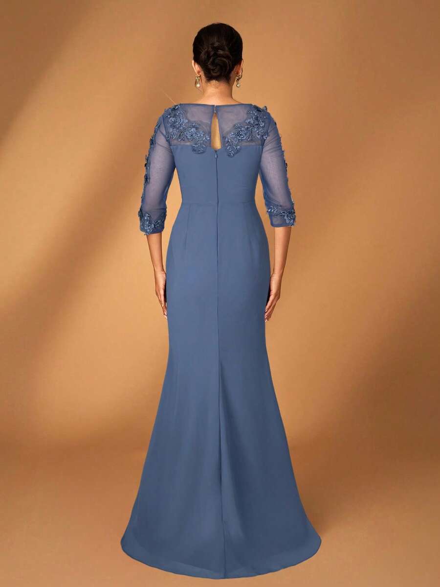 Elegant Mermaid Illusion-Neck 3/4-Sleeve Keyhole-Back Floor-Length Mother of the Bride Dresses