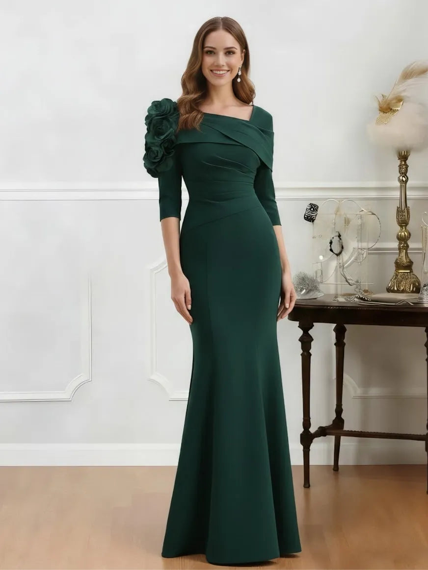 Elegant Mermaid Off-Shoulder 3/4-Sleeve Zip-Back Floor-Length Mother of the Bride Dresses