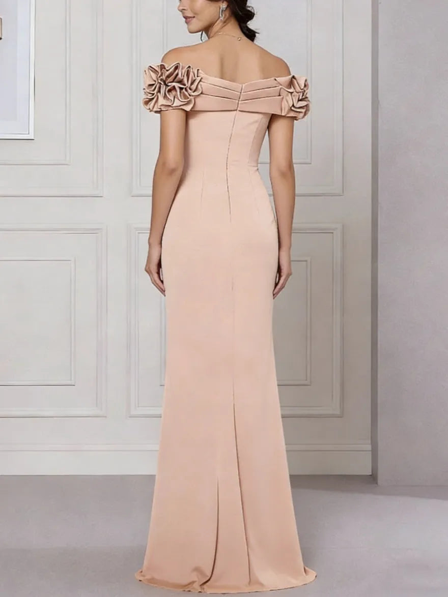 Elegant Mermaid Off-Shoulder Short-Sleeve Zip-Back Floor-Length Mother of the Bride Dresses