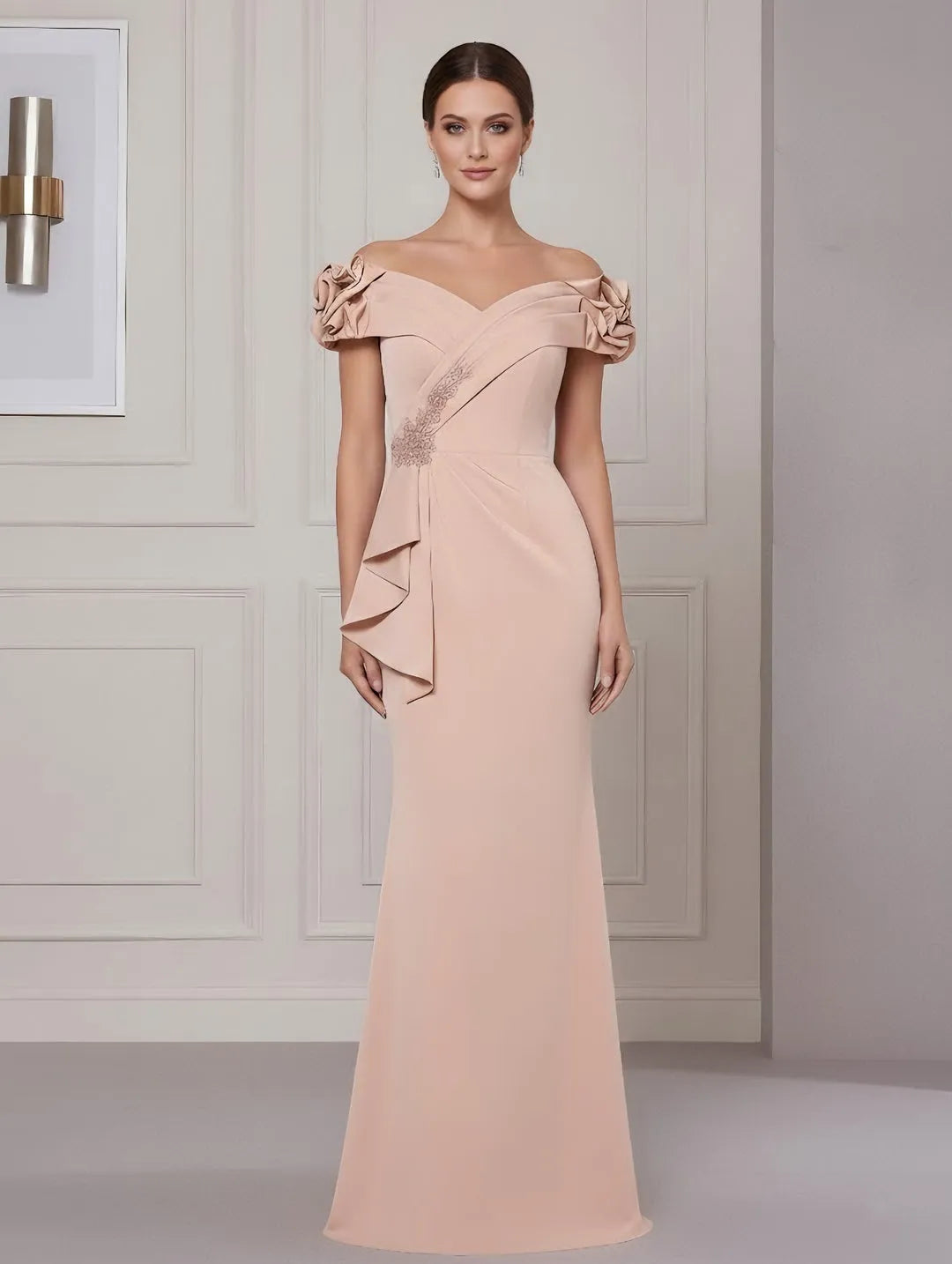 Elegant Mermaid Off-Shoulder Short-Sleeve Zip-Back Floor-Length Mother of the Bride Dresses