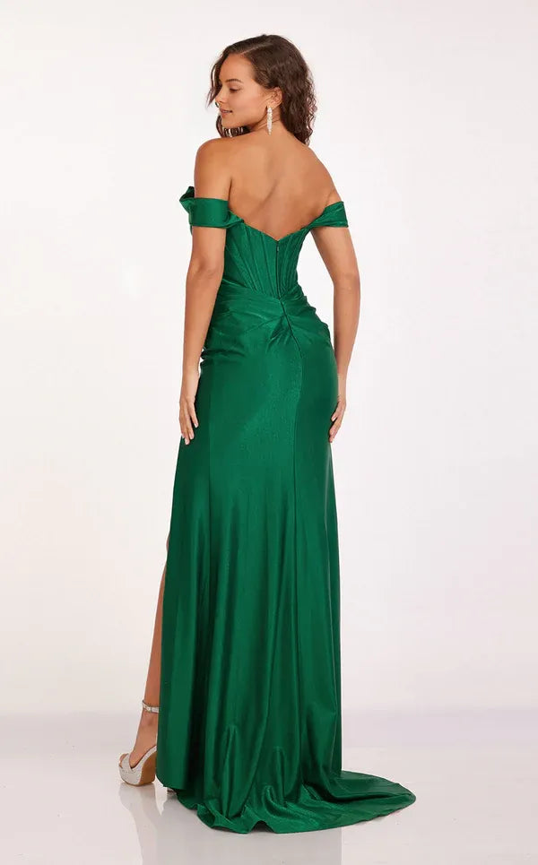Elegant Mermaid Off-Shoulder Sleeveless Back Zip Pleated Bodice High Slit Floor-Length Prom Dresses