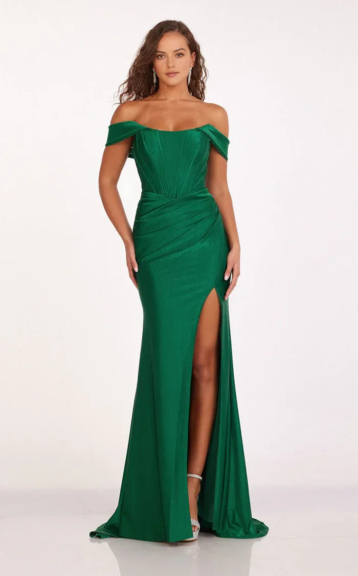 Elegant Mermaid Off-Shoulder Sleeveless Back Zip Pleated Bodice High Slit Floor-Length Prom Dresses