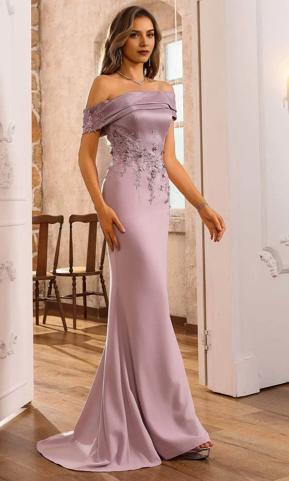 Elegant Mermaid Off-Shoulder Sleeveless Crepe Fitted Bodice Floor-Length Mother of the Bride Dress for bride Hot Sale