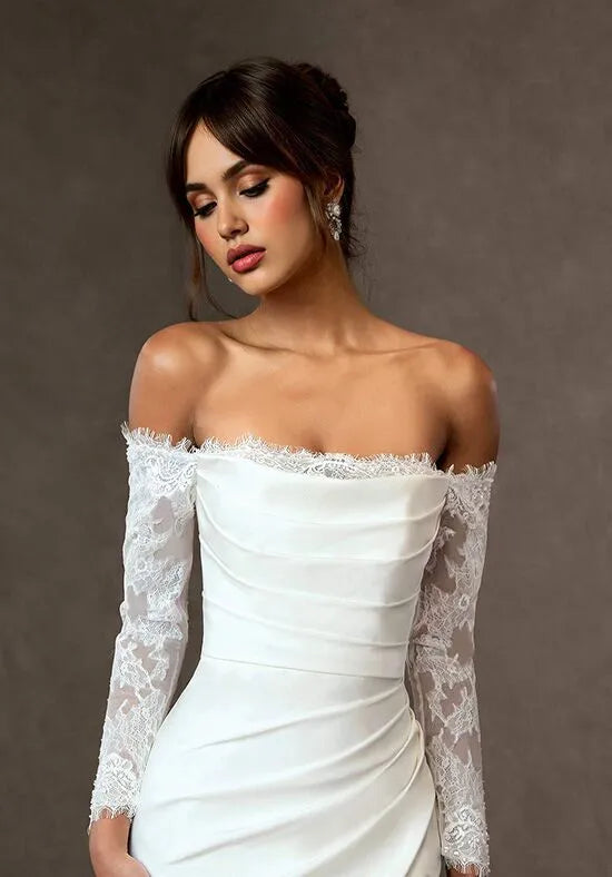 Elegant Mermaid Off-The-Shoulder Lace Sleeve Slit Back Train Wedding Dresses
