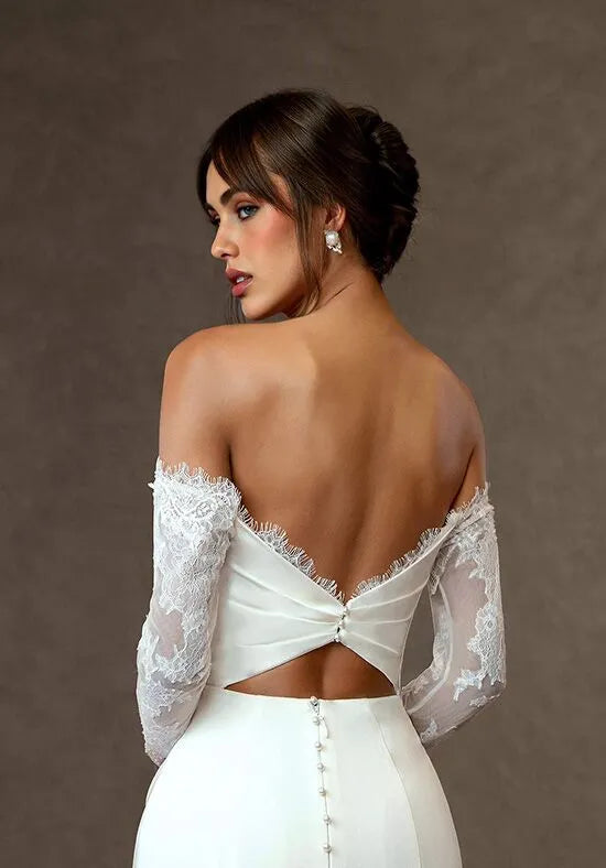 Elegant Mermaid Off-The-Shoulder Lace Sleeve Slit Back Train Wedding Dresses