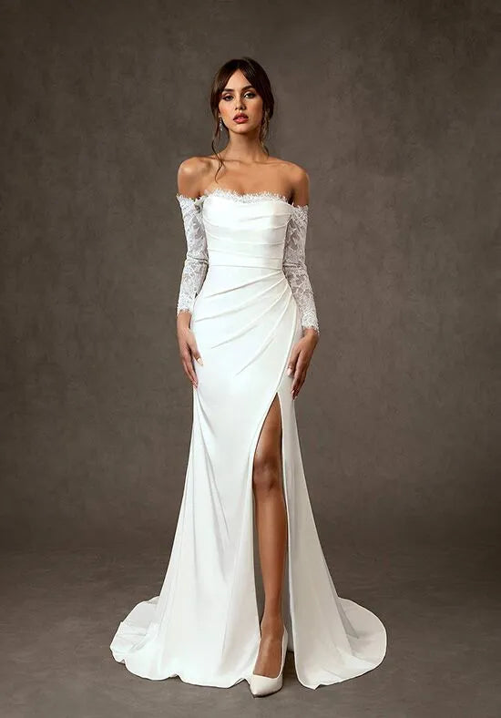 Elegant Mermaid Off-The-Shoulder Lace Sleeve Slit Back Train Wedding Dresses