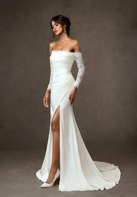 Elegant Mermaid Off-The-Shoulder Lace Sleeve Slit Back Train Wedding Dresses